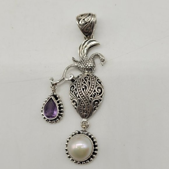Silver Filigree Phoenix Swan Pendant Mabe Pearl Amethyst Statement Art - Picture 5 of 11